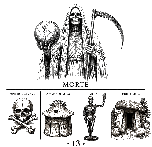Illustrated overview of death, anthropology, archaeology, art, and territories